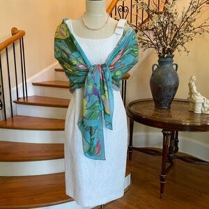 Talbots White Textured Square-Neck Midi Sheath Dress